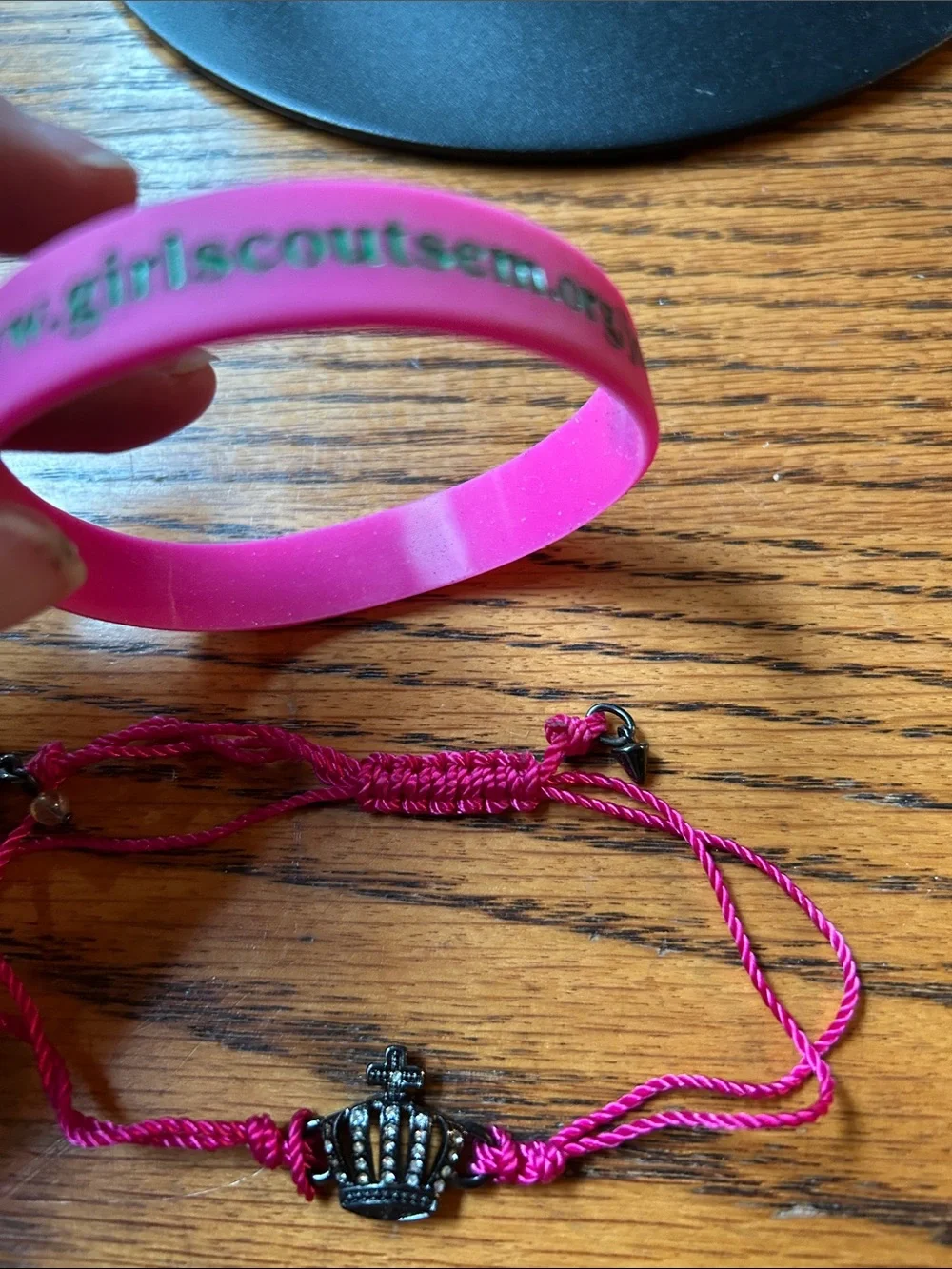 Pink Crown Cord Bracelet with Charm and rubber Girl Scout band